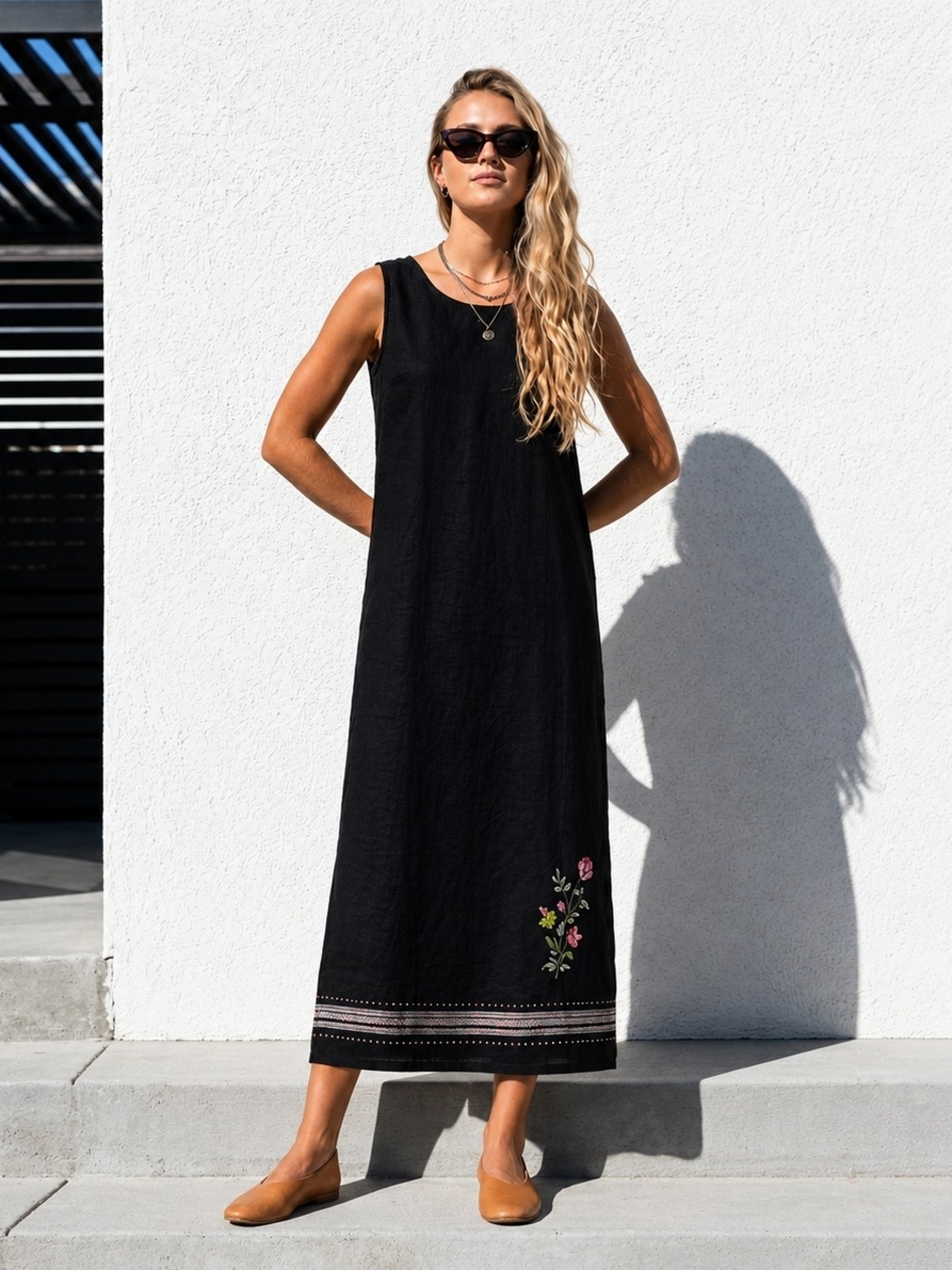 Vintage Y2K Jane Ashley Black Linen Blend Dress Embroidered Beaded Size Medium